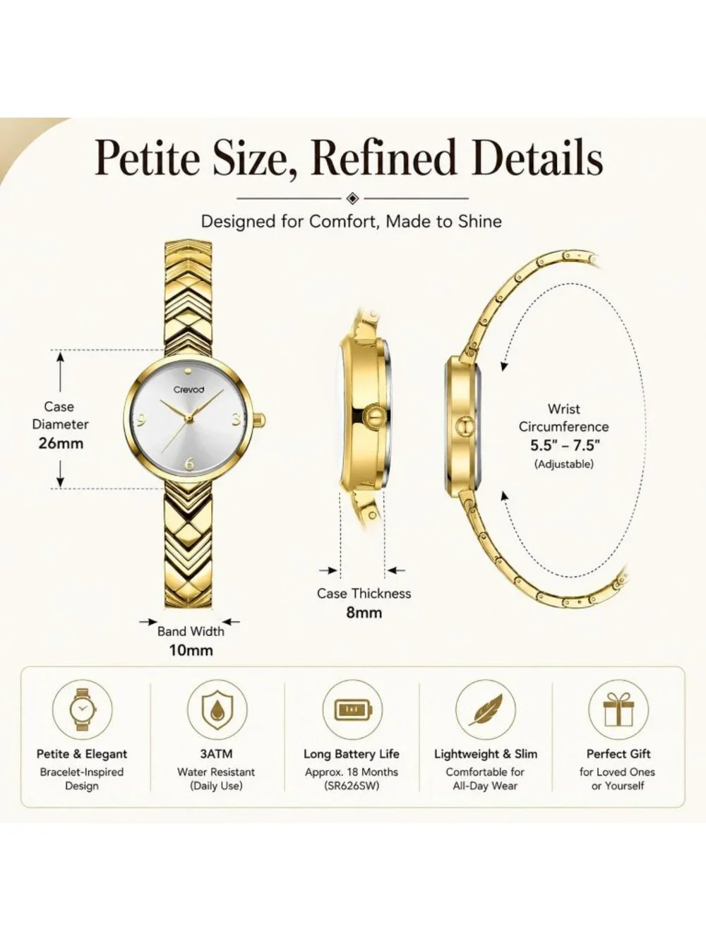 Women's Gold White Round Case Minimalist Luxury Quartz Ladies Dress Wrist Watch